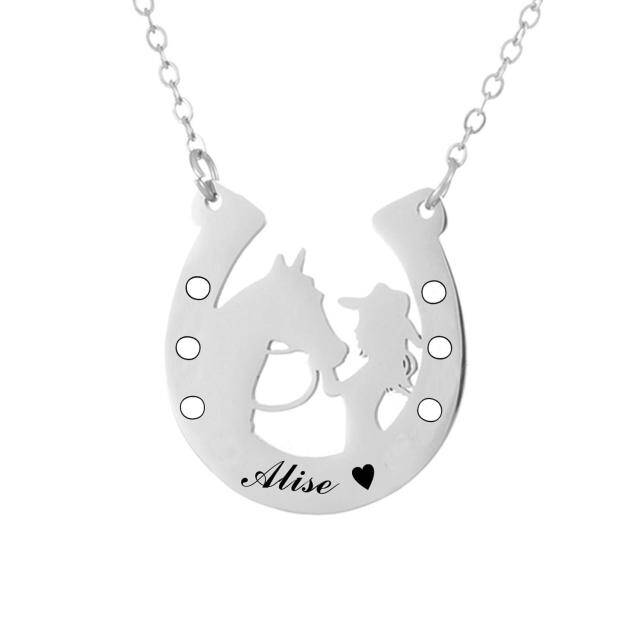 Sterling Silver with Yellow Gold Plated & Personalized Engraving Horse Pendant Necklace-2