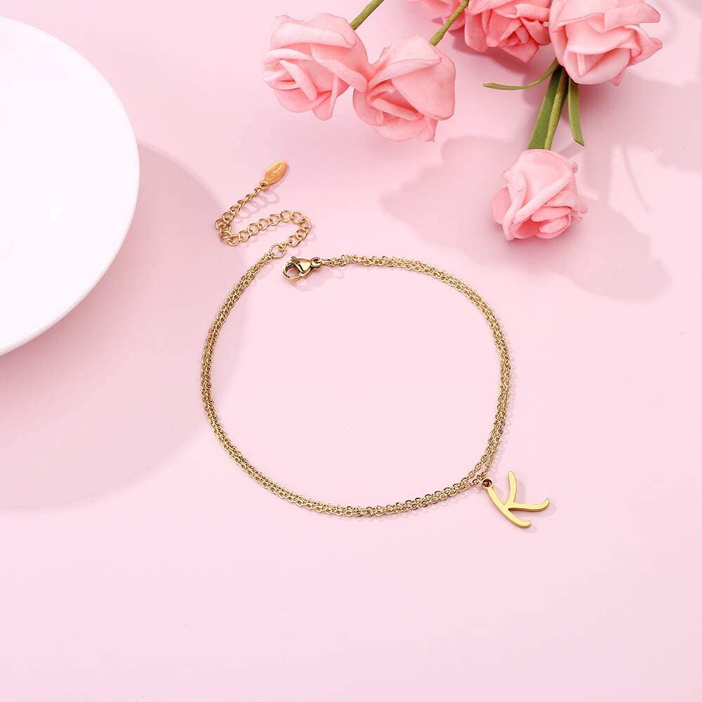 Sterling Silver with Yellow Gold Plated Personalized Initial Letter Multi-layered Anklet-5