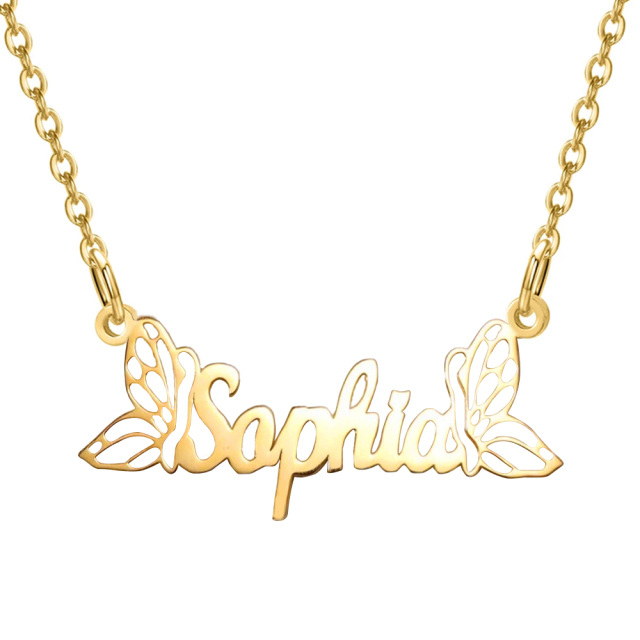 Collar con colgante de mariposa con nombre personalizado chapado en plata de ley y oro amarillo