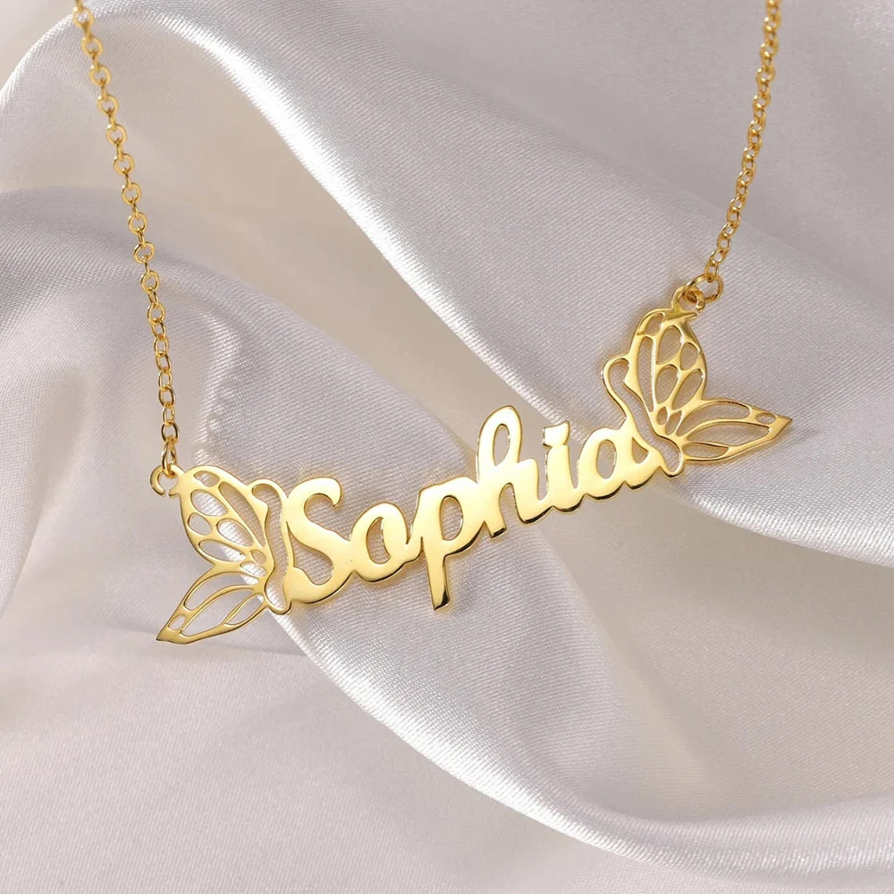 Sterling Silver with Yellow Gold Plated Personalized Name Butterfly Pendant Necklace-3