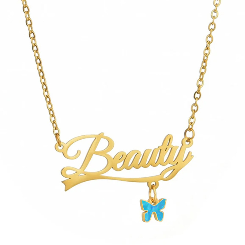 Plata de ley con baño de oro amarillo Personalizado Nombre Opalo Mariposa Colgante Collar