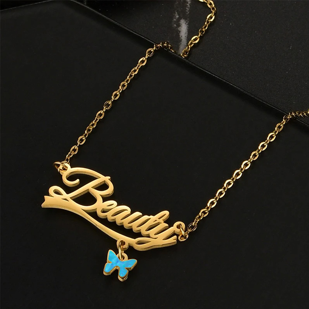 Sterling Silver with Yellow Gold Plated Personalized Name Opal Butterfly Pendant Necklace-3