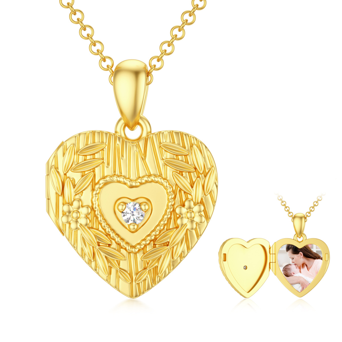 Collar con medallón de foto personalizado de plata de ley con circonita cúbica chapada en oro amarillo para mujer-1