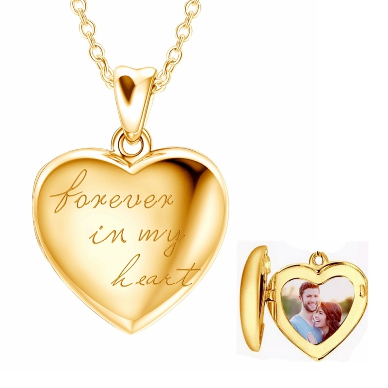 Sterling Silver With Yellow Gold Plated Heart Personalized Photo Necklace With Engraved Word For Women-10