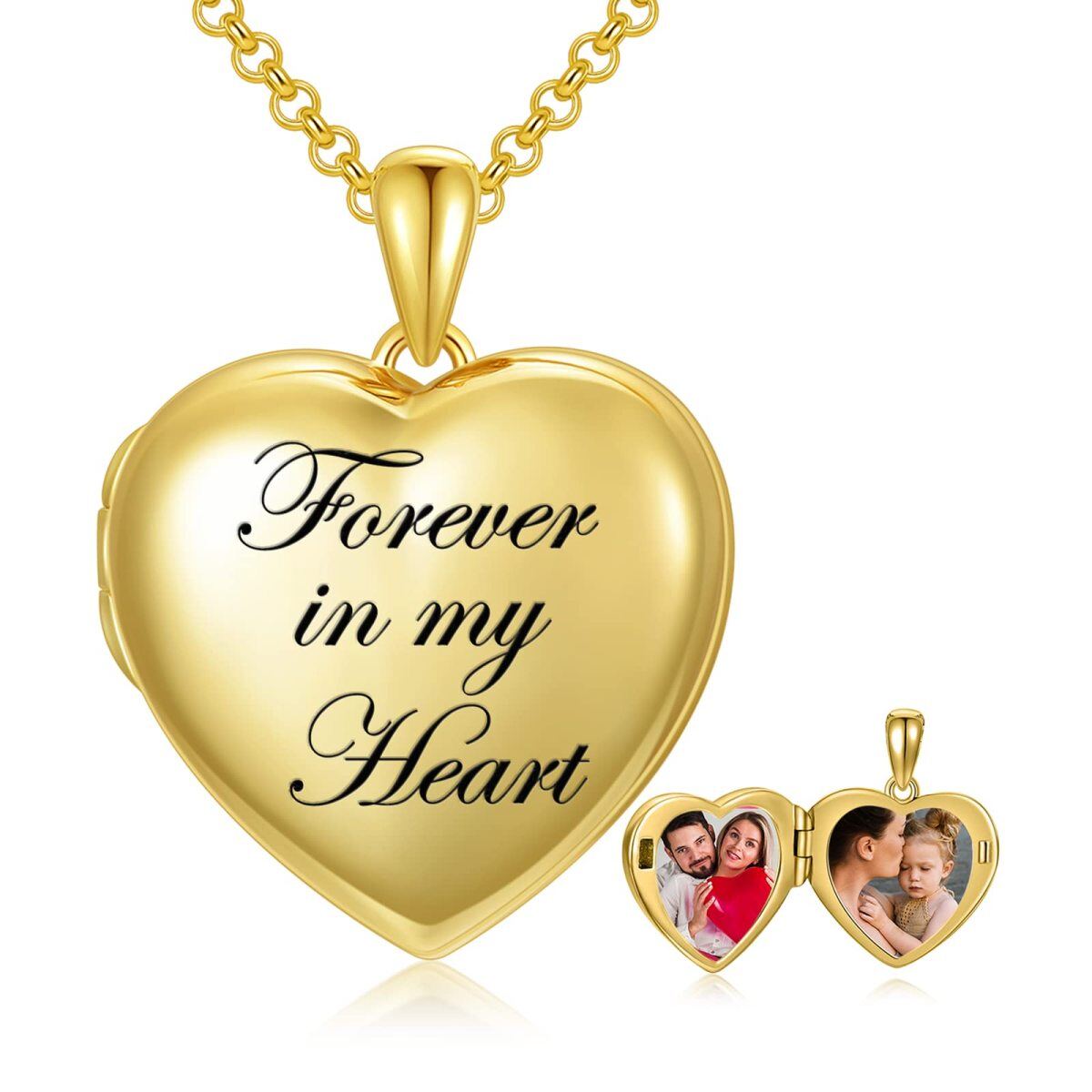 Sterling Silver with Yellow Gold Plated Personalized Photo & Heart Pendant Necklace with Engraved Word-1