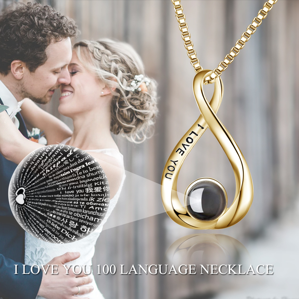 Sterling Silver Two-Tone Projection Stone Infinite Symbol Pendant Necklace With Engraved Word For Women-4