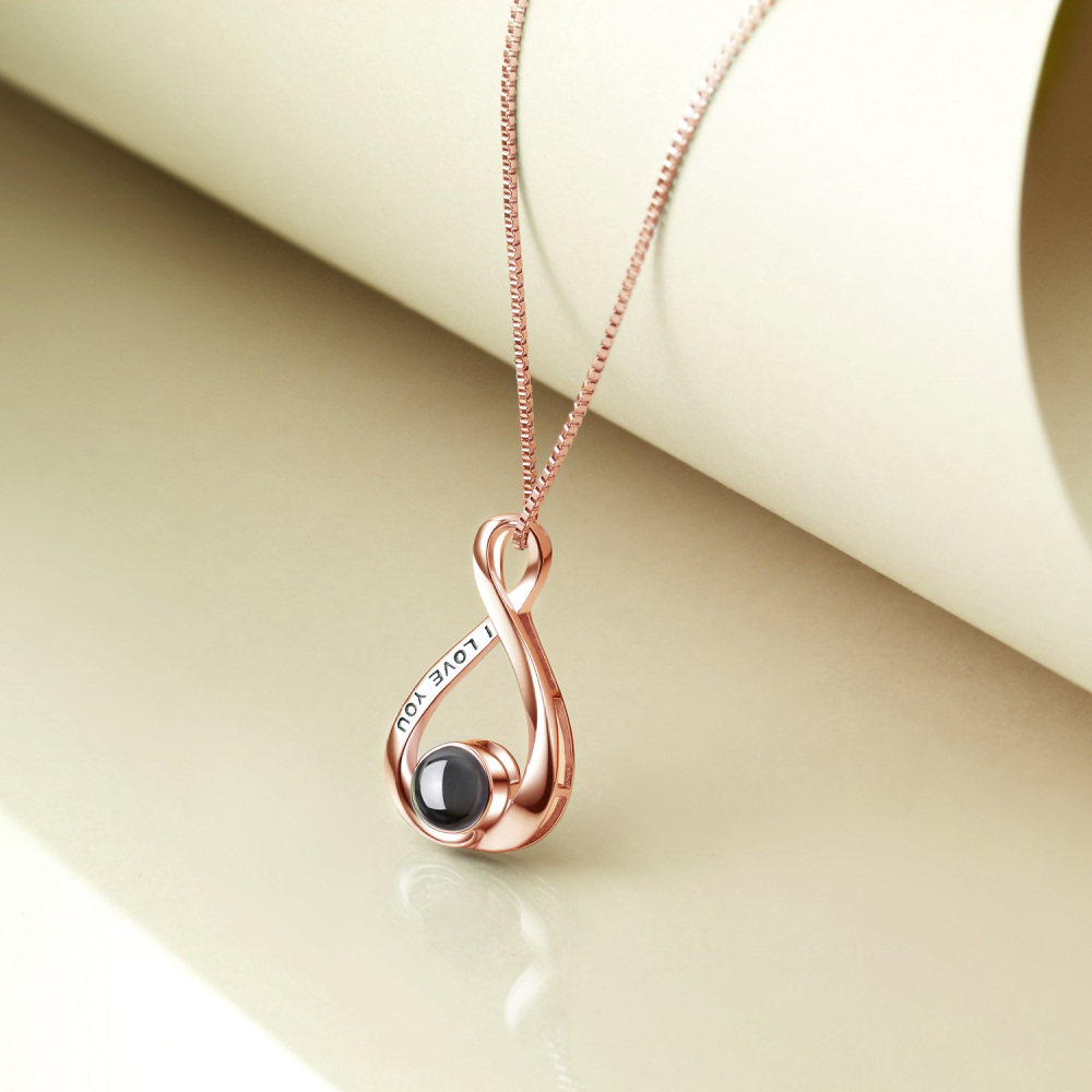 Sterling Silver Two-Tone Projection Stone Infinite Symbol Pendant Necklace With Engraved Word For Women-9