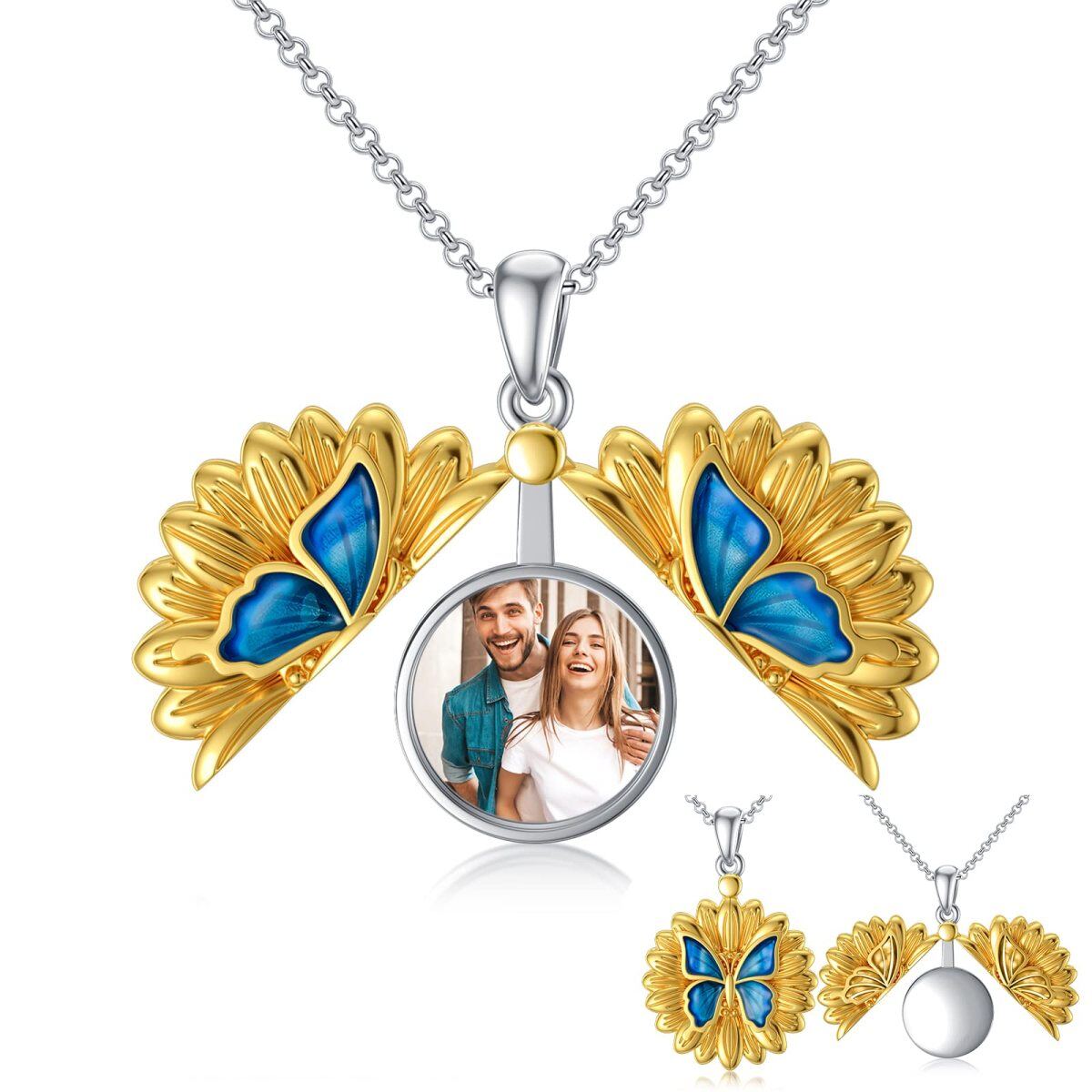 Sterling Silver With Yellow Gold Plated Butterfly With Sunflower Personalized Photo Locket Necklace For Women-1