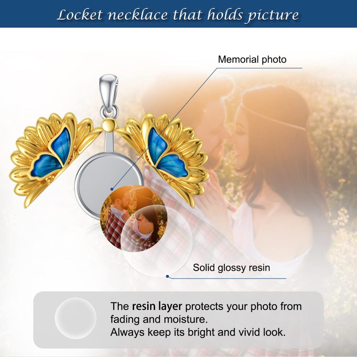 Sterling Silver With Yellow Gold Plated Butterfly With Sunflower Personalized Photo Locket Necklace For Women-4