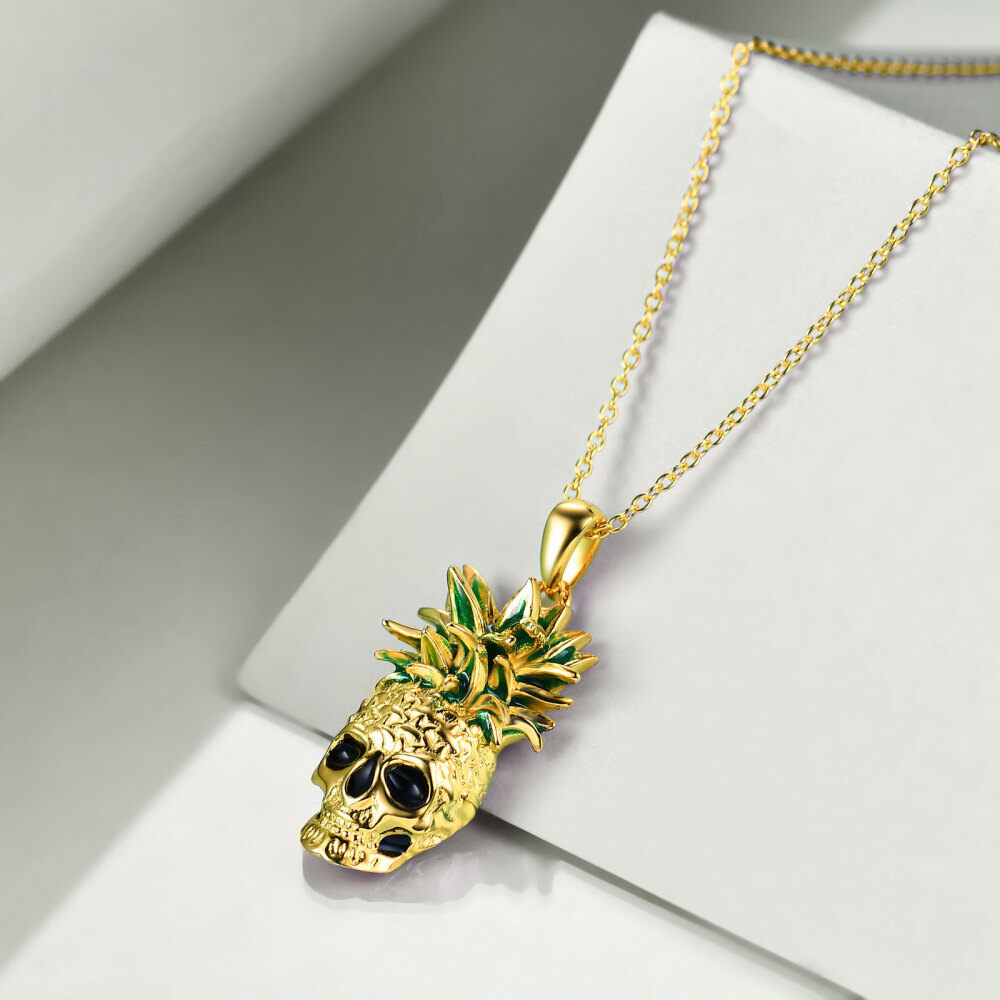 Sterling Silver with Yellow Gold Plated Pineapple & Skull Pendant Necklace-4