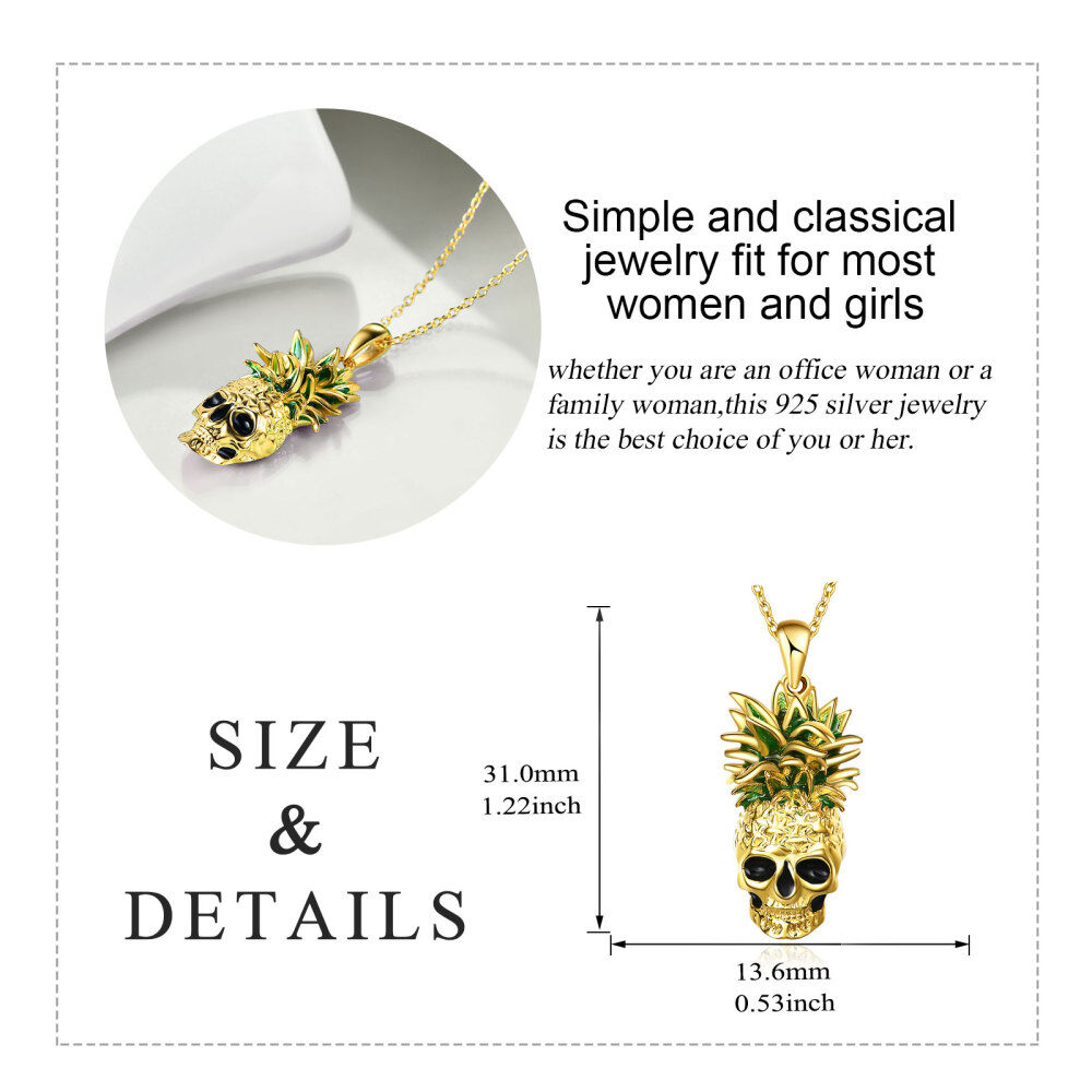 Sterling Silver with Yellow Gold Plated Pineapple & Skull Pendant Necklace-5