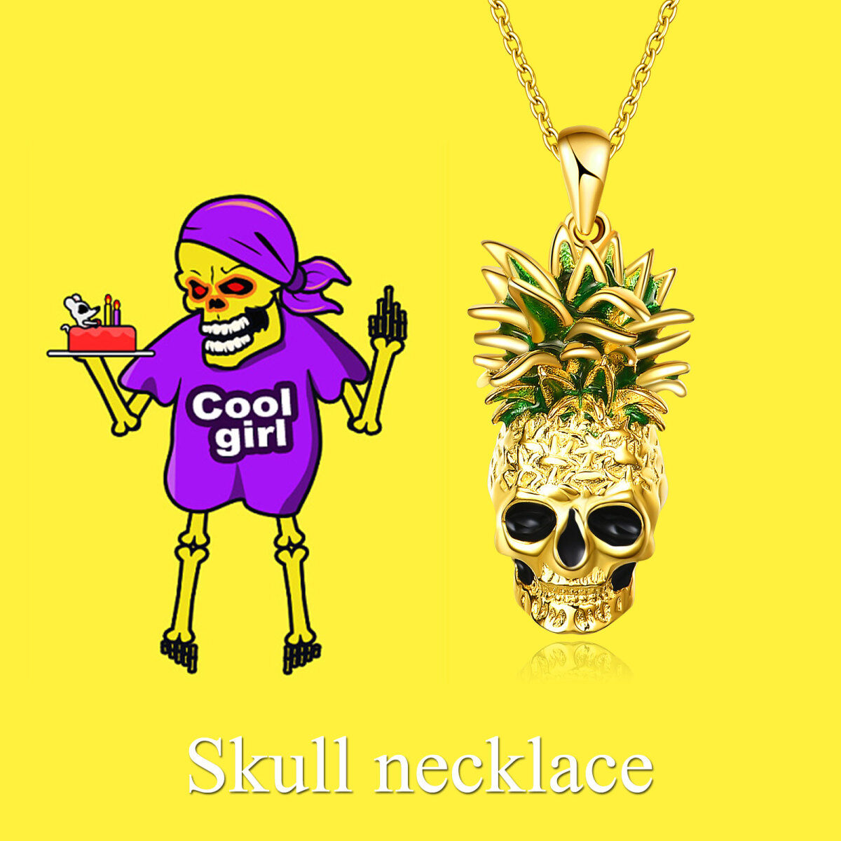 Sterling Silver with Yellow Gold Plated Pineapple & Skull Pendant Necklace-6