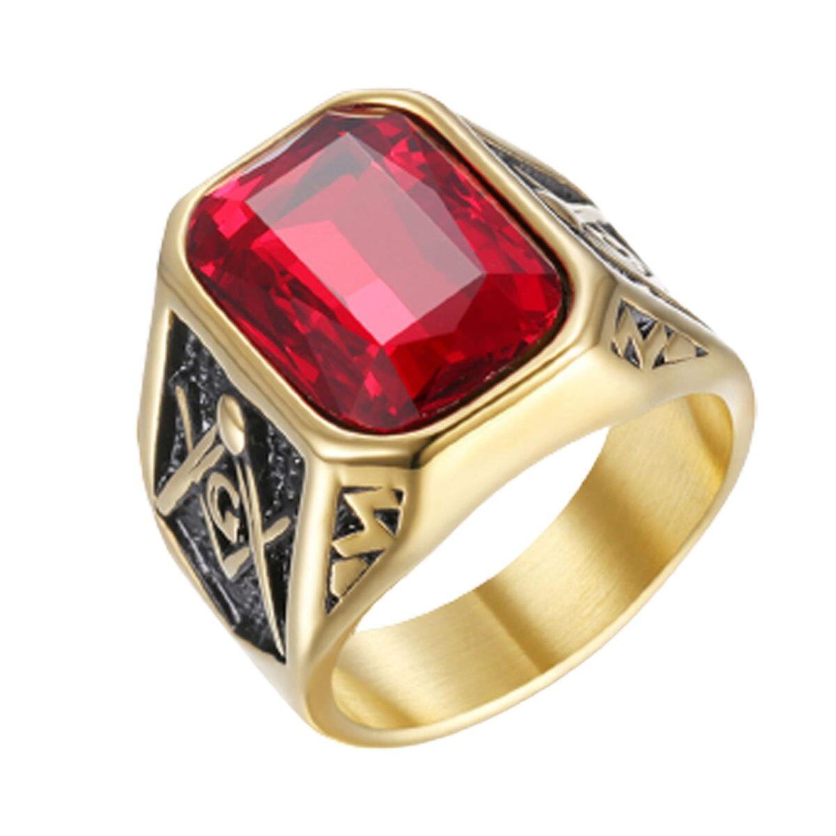 Sterling Silver with Yellow Gold Plated Princess-square Shaped Garnet Masonic Symbol Ring for Men-1