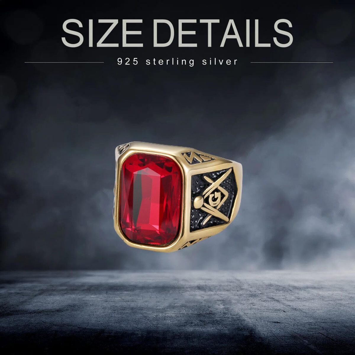 Sterling Silver with Yellow Gold Plated Princess-square Shaped Garnet Masonic Symbol Ring for Men-3