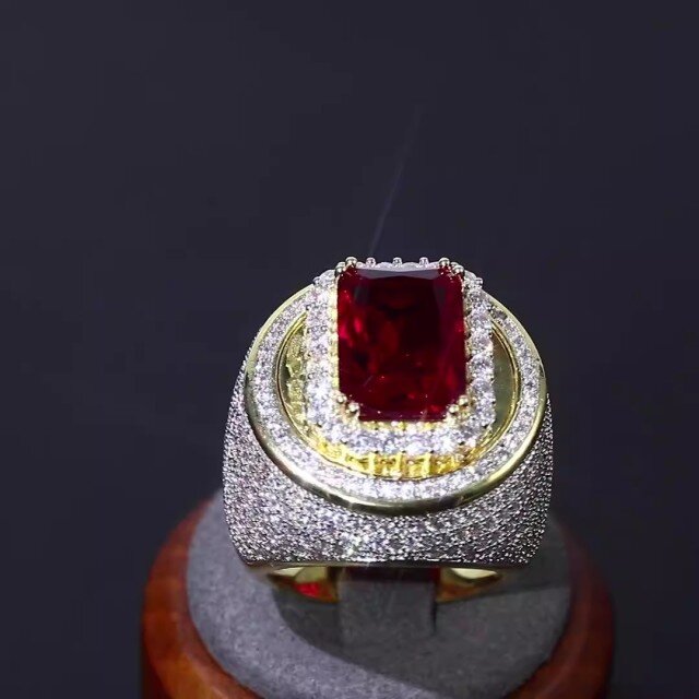 Sterling Silver with Yellow Gold Plated Princess-square Shaped Garnet Personalized Engraving Ring for Men-6