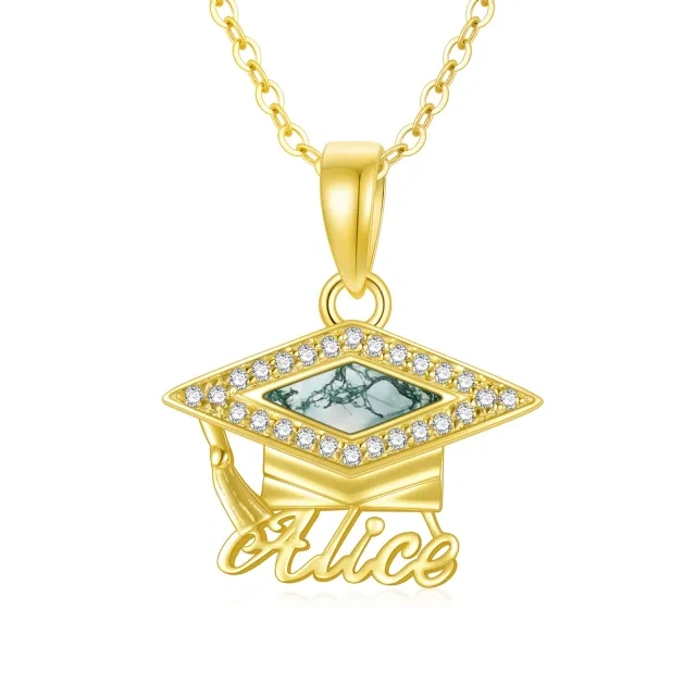 Argento 925 con placcatura in oro giallo Agata muschiata a forma di principessa quadrata Collana con ciondolo classico personalizzato con nome e berretto da trincea