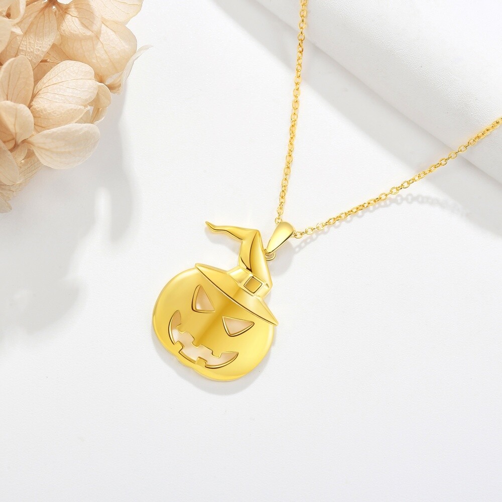 Collar con colgante de calabaza bañado en oro amarillo sobre plata esterlina, divertido regalo de joyería para Halloween-3