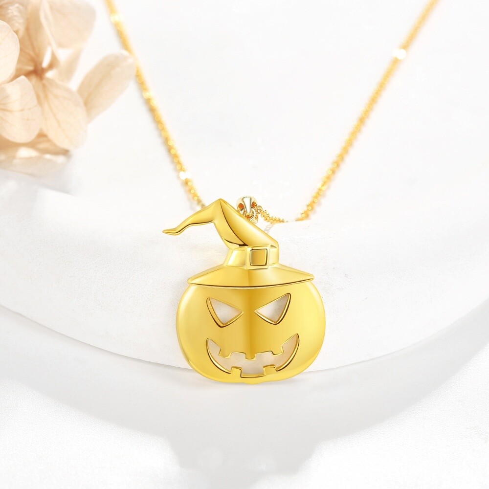 Collar con colgante de calabaza bañado en oro amarillo sobre plata esterlina, divertido regalo de joyería para Halloween-4