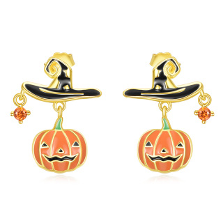 Sterling Silver with Yellow Gold Plated Cubic Zirconia Pumpkin Stud Earrings-1