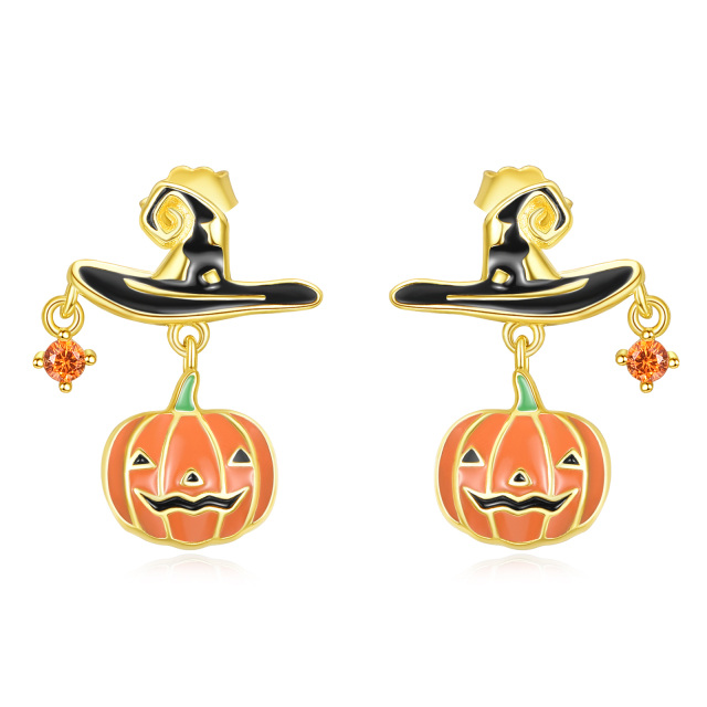 Sterling Silver with Yellow Gold Plated Cubic Zirconia Pumpkin Stud Earrings-1