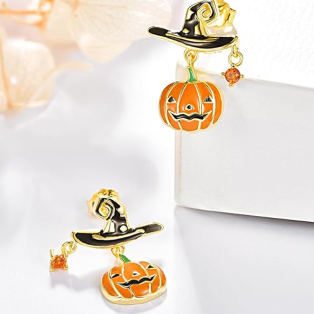 Orecchini a bottone in argento sterling con zirconi cubici placcati in oro giallo a forma di zucca-3