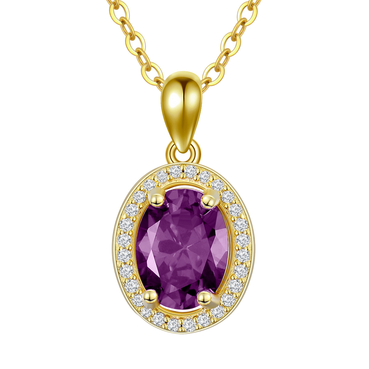 Collier en argent sterling avec pendentif rond en cristal mauve plaqué or jaune-1