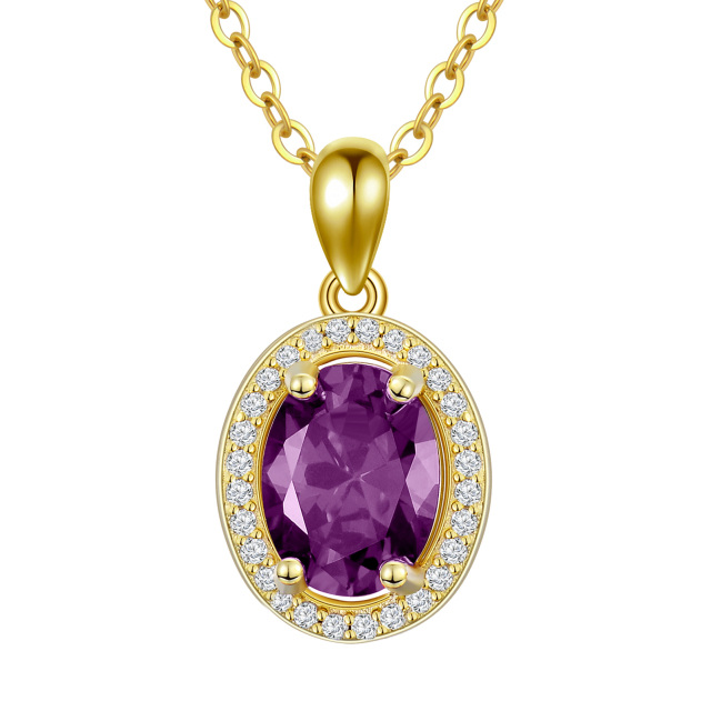 Sterling Silver with Yellow Gold Plated Purple Crystal Round Pendant Necklace-1