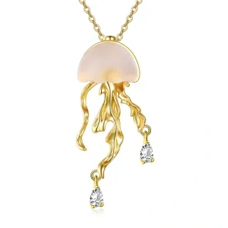 Sterling Silver with Yellow Gold Plated Resin Jellyfish Pendant Necklace-4