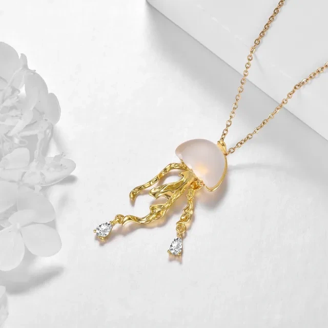 Sterling Silver with Yellow Gold Plated Resin Jellyfish Pendant Necklace-3