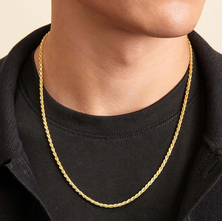 Collar de cadena de cuerda de plata de ley con baño de oro amarillo para hombre de 2 mm-2