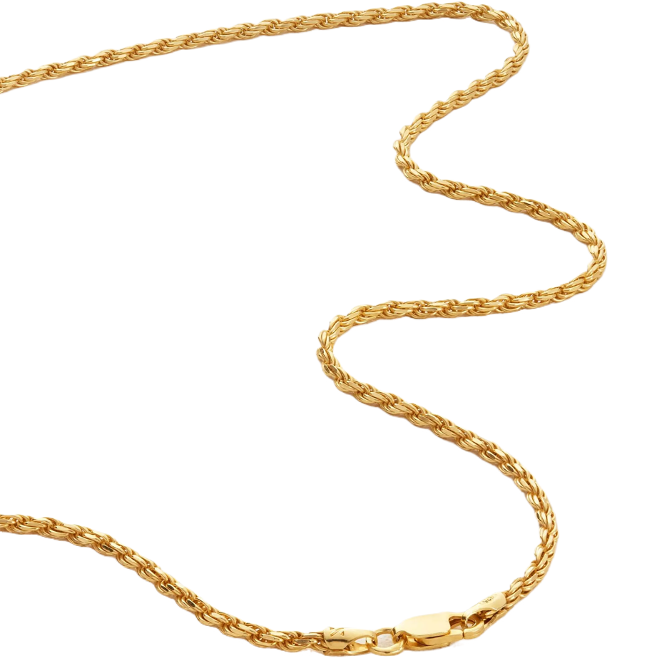 Collar de cadena de cuerda de plata de ley con baño de oro amarillo para hombre de 2 mm-3