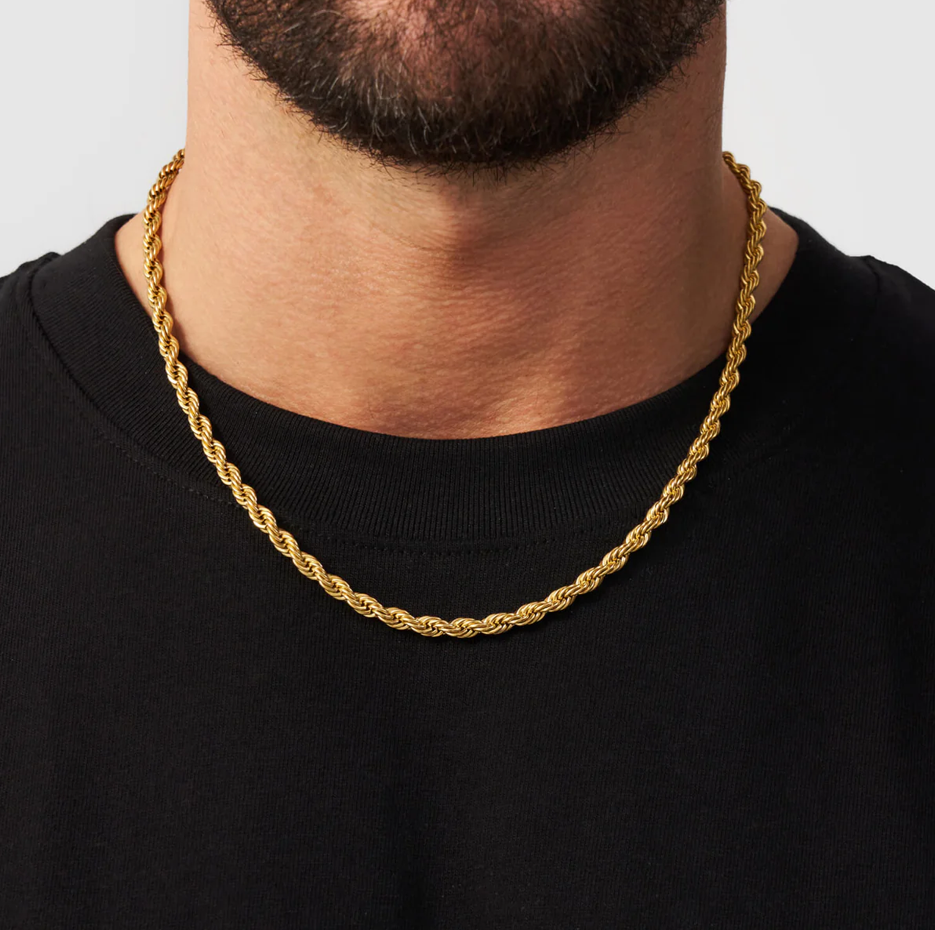 Collar de cadena de cuerda de plata de ley con baño de oro amarillo para hombre de 5 mm-2
