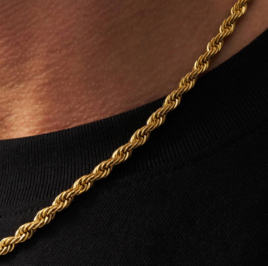 Collar de cadena de cuerda de plata de ley con baño de oro amarillo para hombre de 5 mm-3