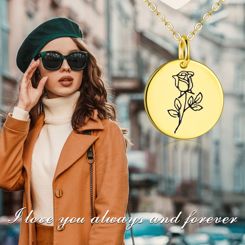 Sterling Silver with Yellow Gold Plated Rose Pendant Necklace with Engraved Word-6