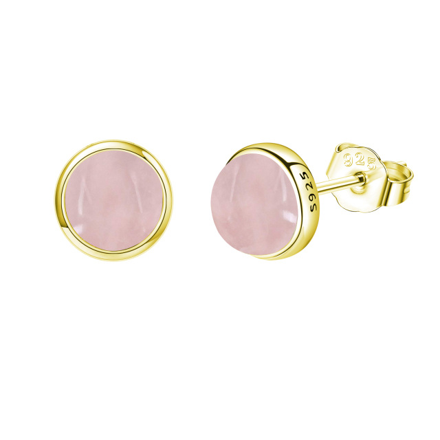 Sterling Silver with Yellow Gold Plated Rose Quartz Round Stud Earrings-1