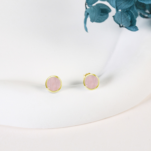 Sterling Silver with Yellow Gold Plated Rose Quartz Round Stud Earrings-3