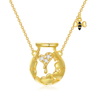 Sterling Silver with Yellow Gold Plated Round Cubic Zirconia Bee & Heart Pendant Necklace-44