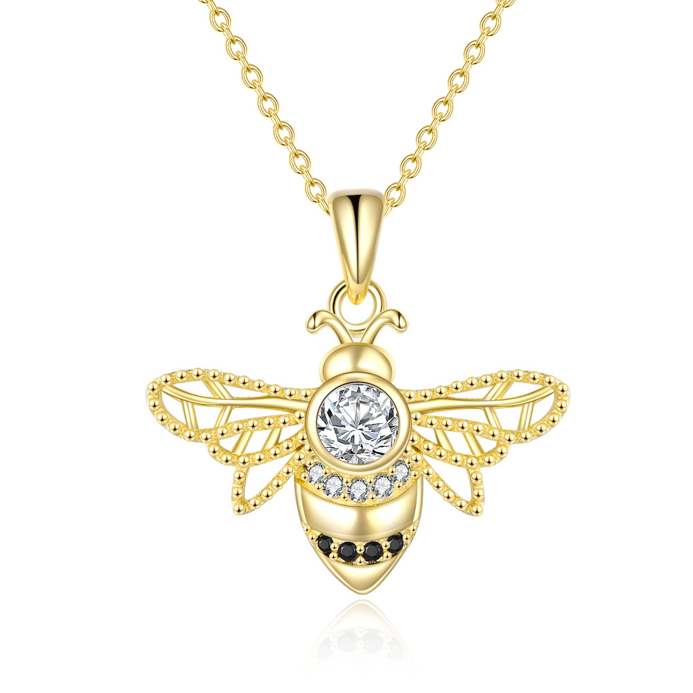 Colar com pingente de abelhas em prata de lei com banho de ouro amarelo e zircónias cúbica-1