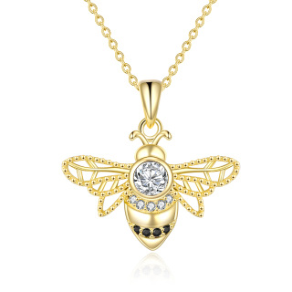 Sterling Silver with Yellow Gold Plated Round Cubic Zirconia Bees Pendant Necklace-22