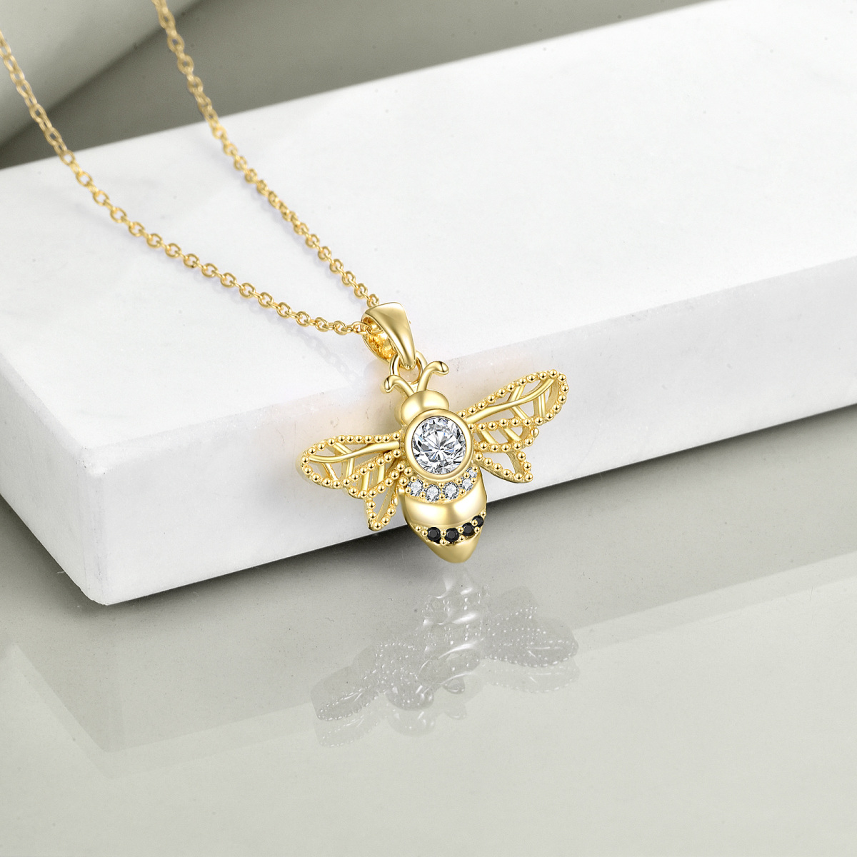 Sterling Silver with Yellow Gold Plated Round Cubic Zirconia Bees Pendant Necklace-3