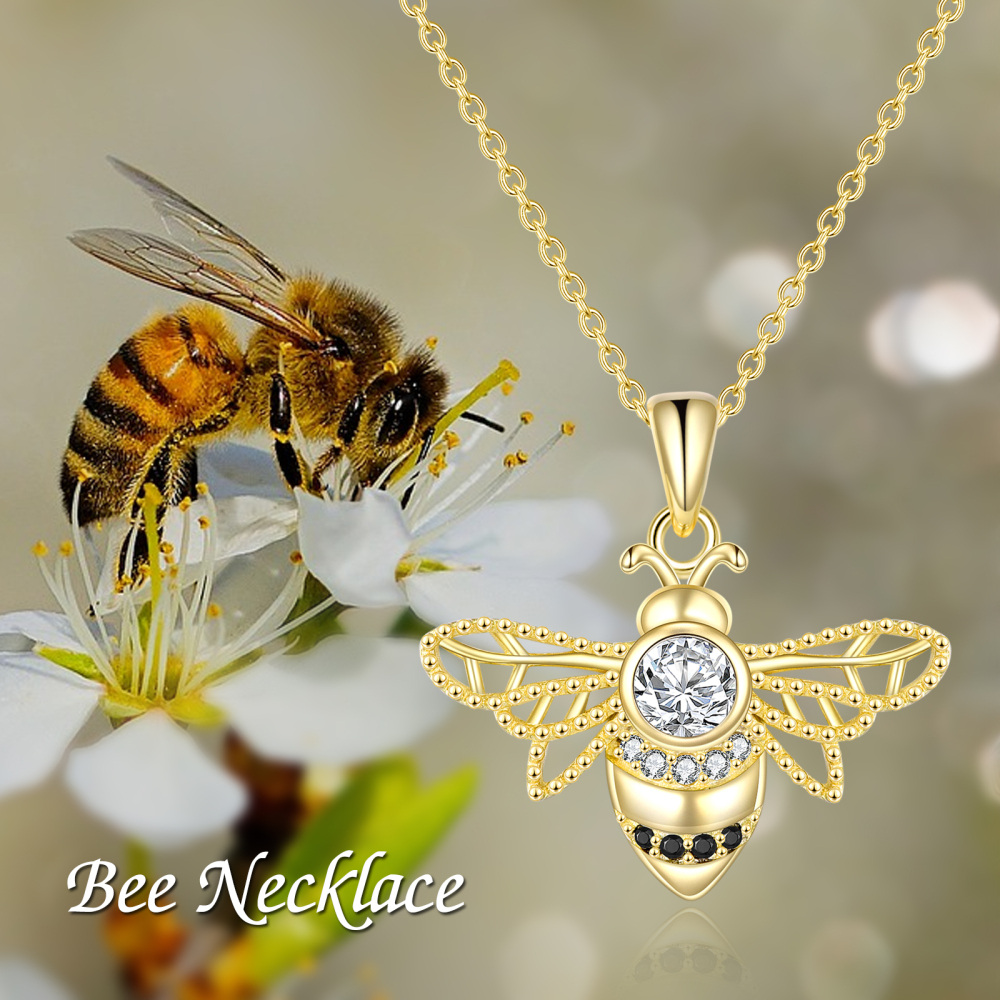 Colar com pingente de abelhas em prata de lei com banho de ouro amarelo e zircónias cúbica-5