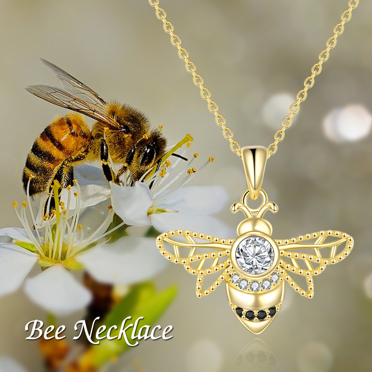 Sterling Silver with Yellow Gold Plated Round Cubic Zirconia Bees Pendant Necklace-5