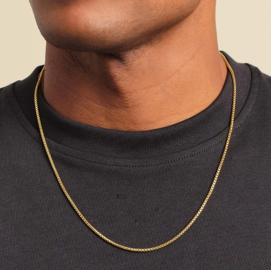 Collar de cadena redonda de caja de plata de ley con baño de oro amarillo para hombre de 2 mm-2