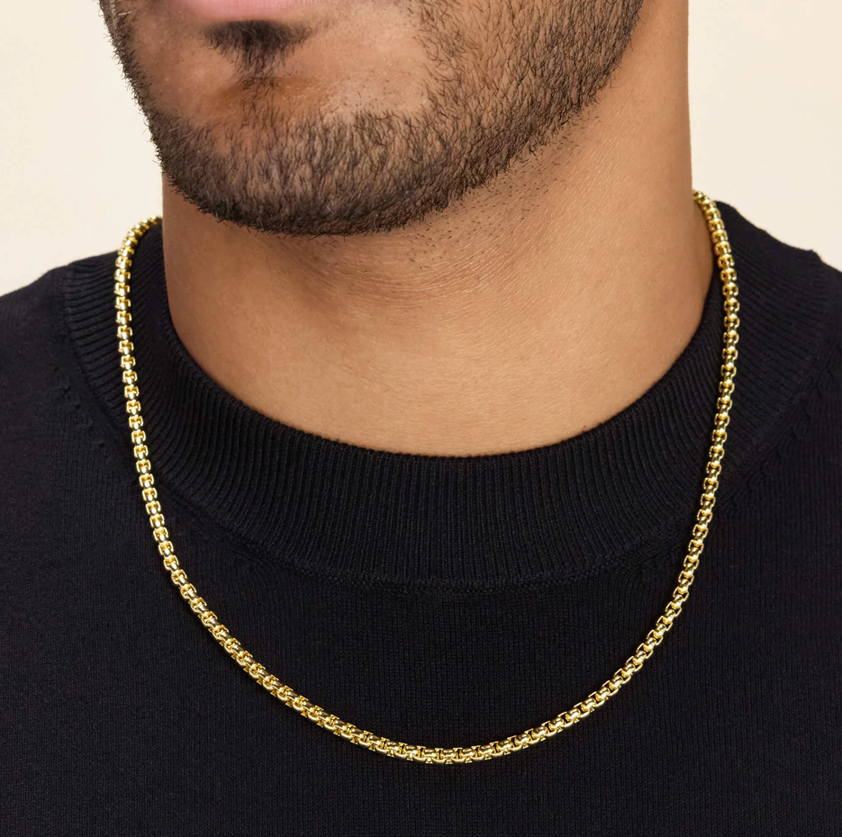 Collar de cadena redonda de caja de plata esterlina con baño de oro amarillo para hombre de 4 mm-2