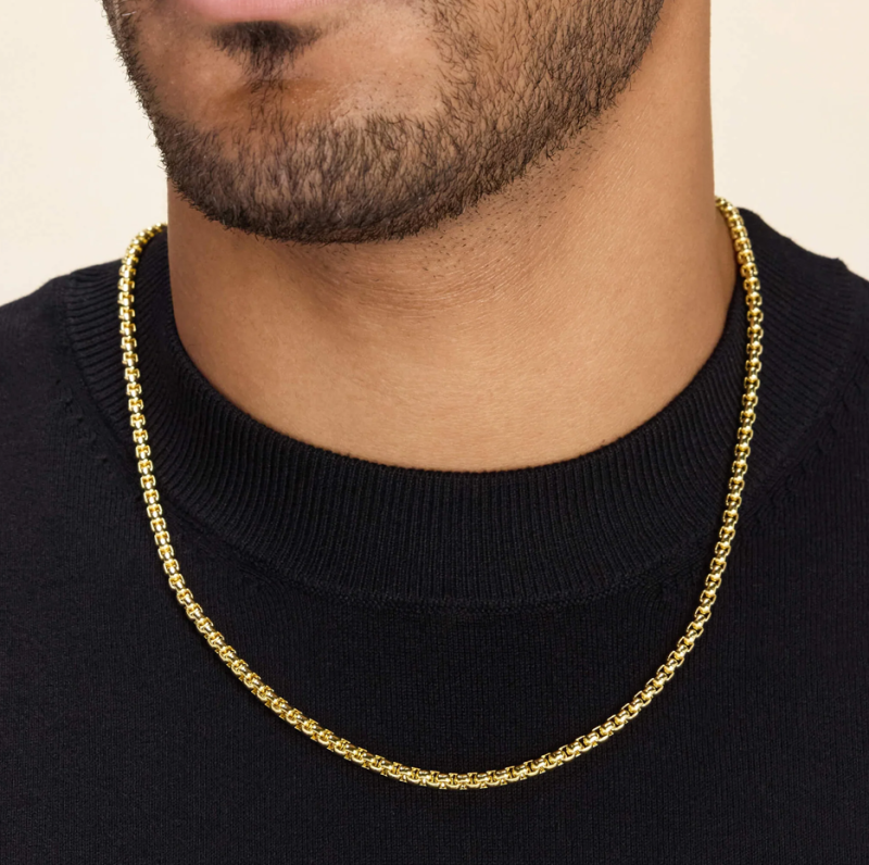 18K Gold Round Box Chain Necklace for Men 4mm-2