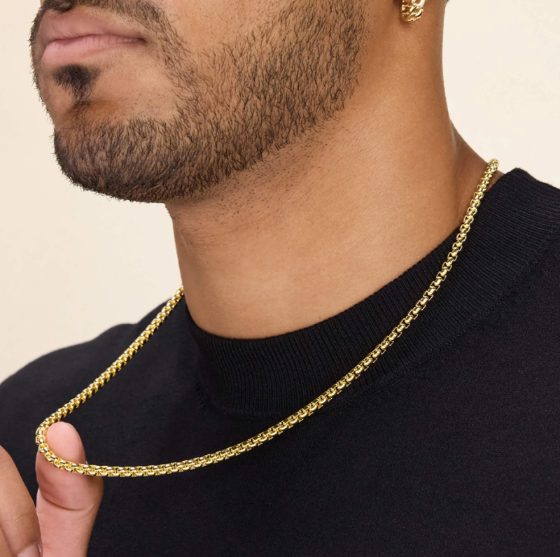 18K Gold Round Box Chain Necklace for Men 4mm-3