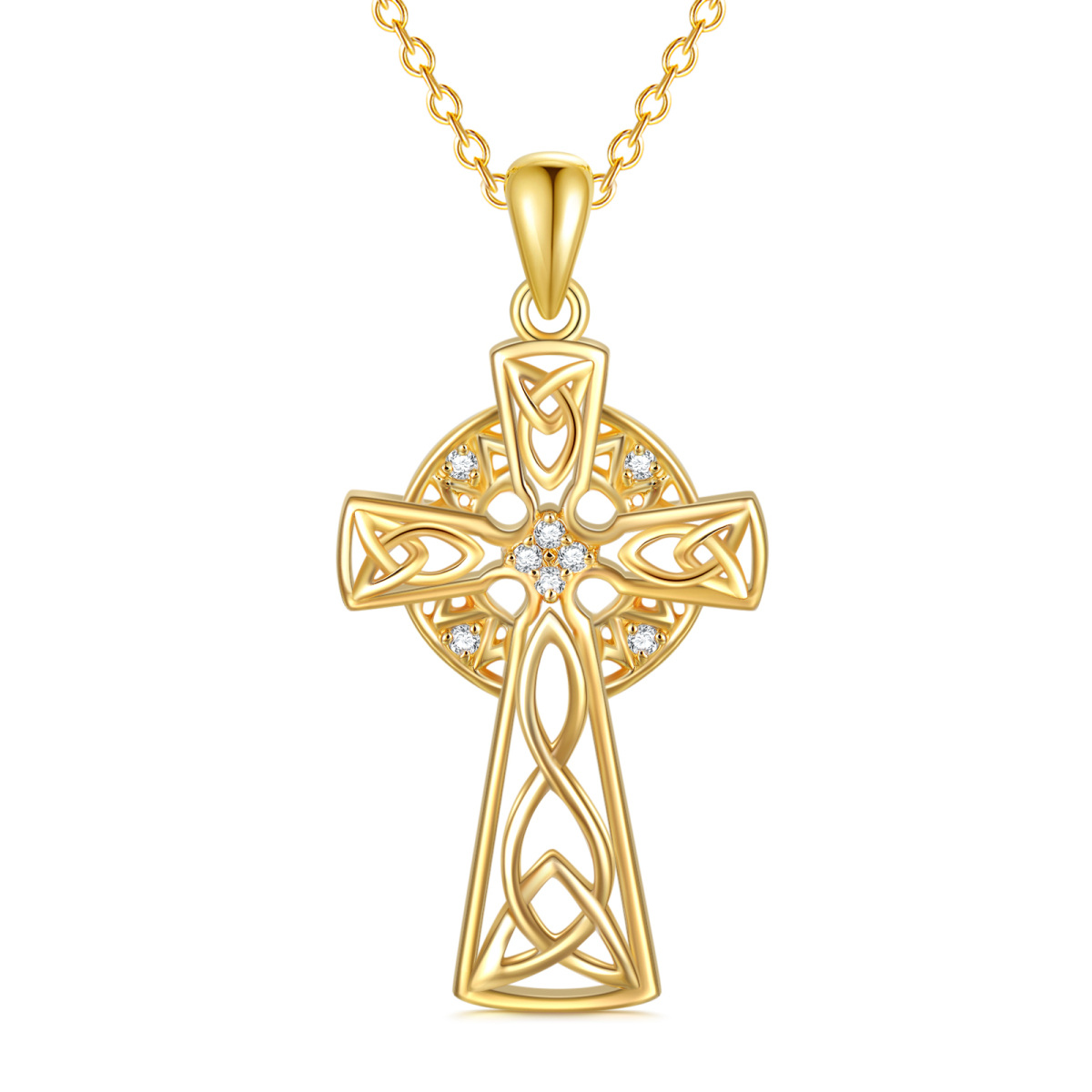 Sterling Silver with Yellow Gold Plated Round Cubic Zirconia Celtic Knot & Cross Pendant Necklace-1