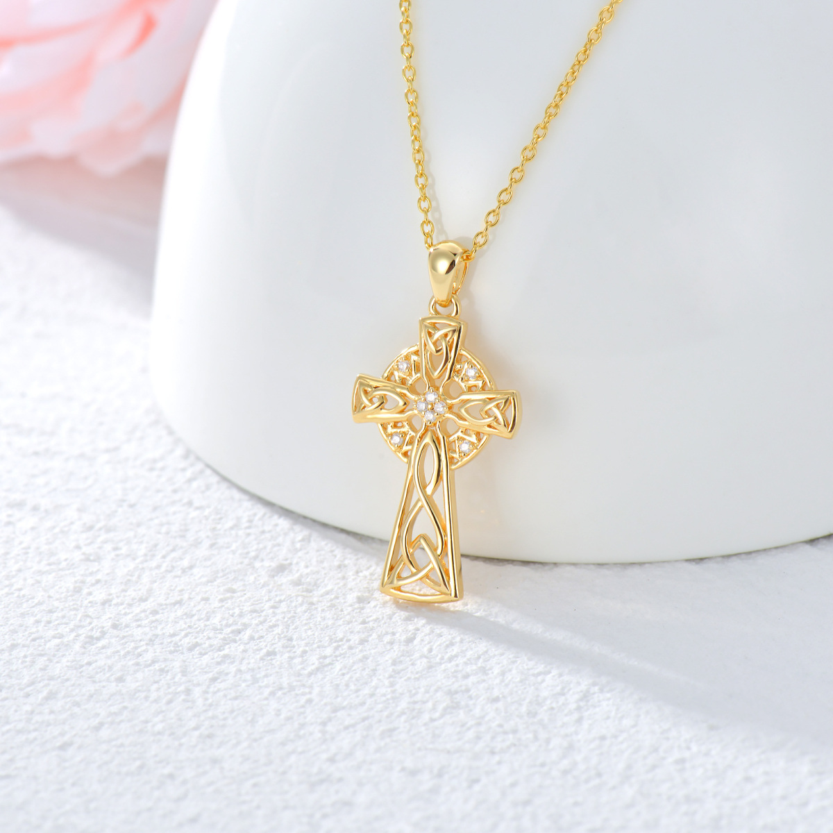 Sterling Silver with Yellow Gold Plated Round Cubic Zirconia Celtic Knot & Cross Pendant Necklace-3