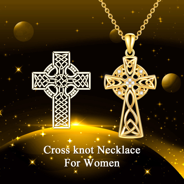 Sterling Silver with Yellow Gold Plated Round Cubic Zirconia Celtic Knot & Cross Pendant Necklace-6