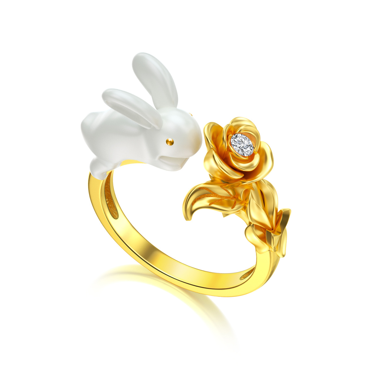 Bague ouverte en argent sterling et plaqué or jaune en forme de lapin en cristal rond-1